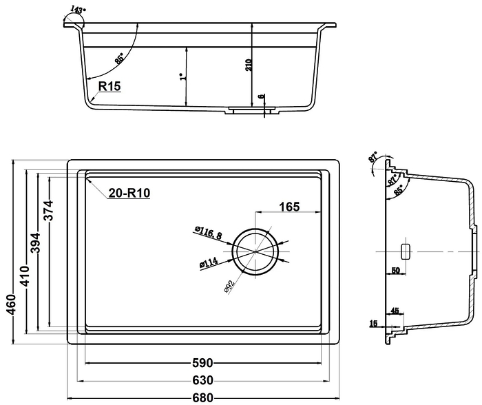 Chiuvetă de bucătărie Fabiano Classic Center 68 Anthracite